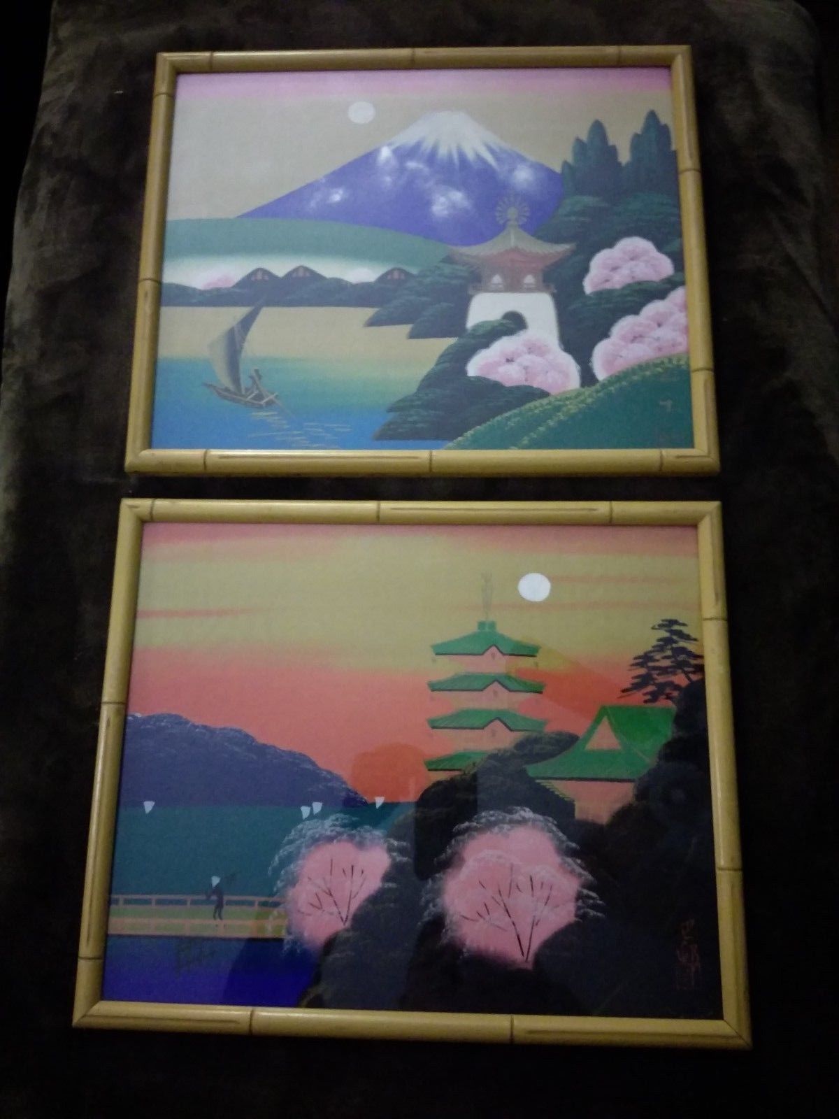 1200x1600 Pair Large Vintage Watercolor Paintings On Silk Bamboo Wood Frames