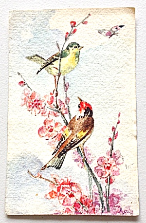 300x458 Vintage French Birds Butterfly Watercolor Painting 1920s Postcard