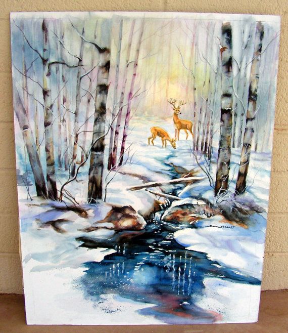570x658 Vintage Watercolor Winter Painting Signed Donna Sharrit Deer