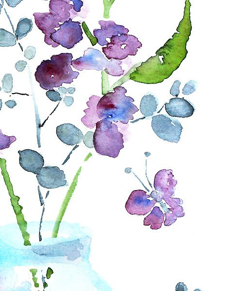 480x600 Purple Watercolor Flowers, Violet, Teal, Bathroom Wall Art