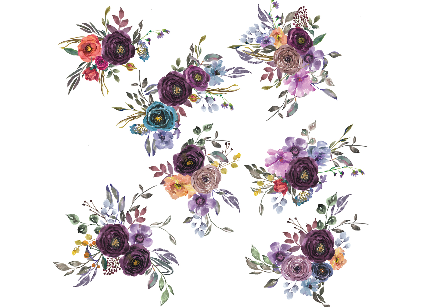 1400x1007 Watercolor Plum Violet Burgundy Indigo Flowers Clipart Floral