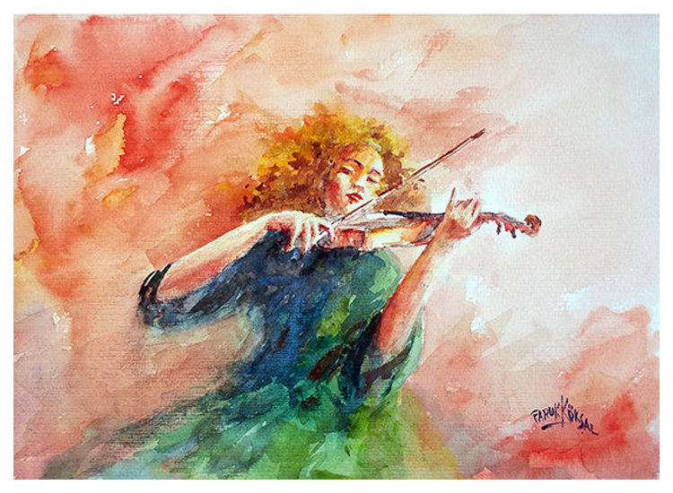 750x550 Violin Sonata Watercolor Painting By Faruk Koksal Fine Art Paper