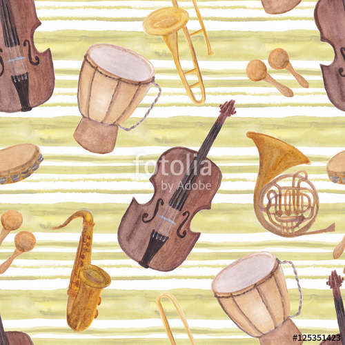 500x500 Watercolor Painting Seamless Pattern With Musical Instruments