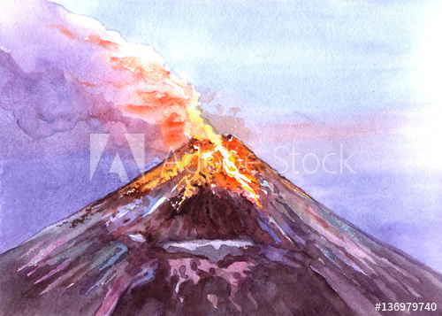 500x357 Watercolor Realistic Volcano Isolated On A White Background