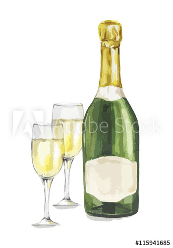 349x500 Isolated Watercolor Champagne Bottle With Glasses On White