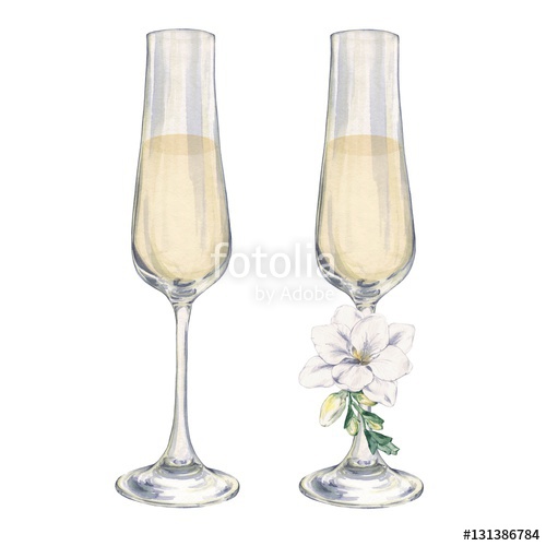 500x500 Champagne Glasses With A Flower. Watercolor Painting. Handmade