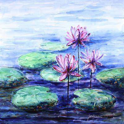 400x400 Watercolor Painting Of Pink Waterlilies In A Blue Pond