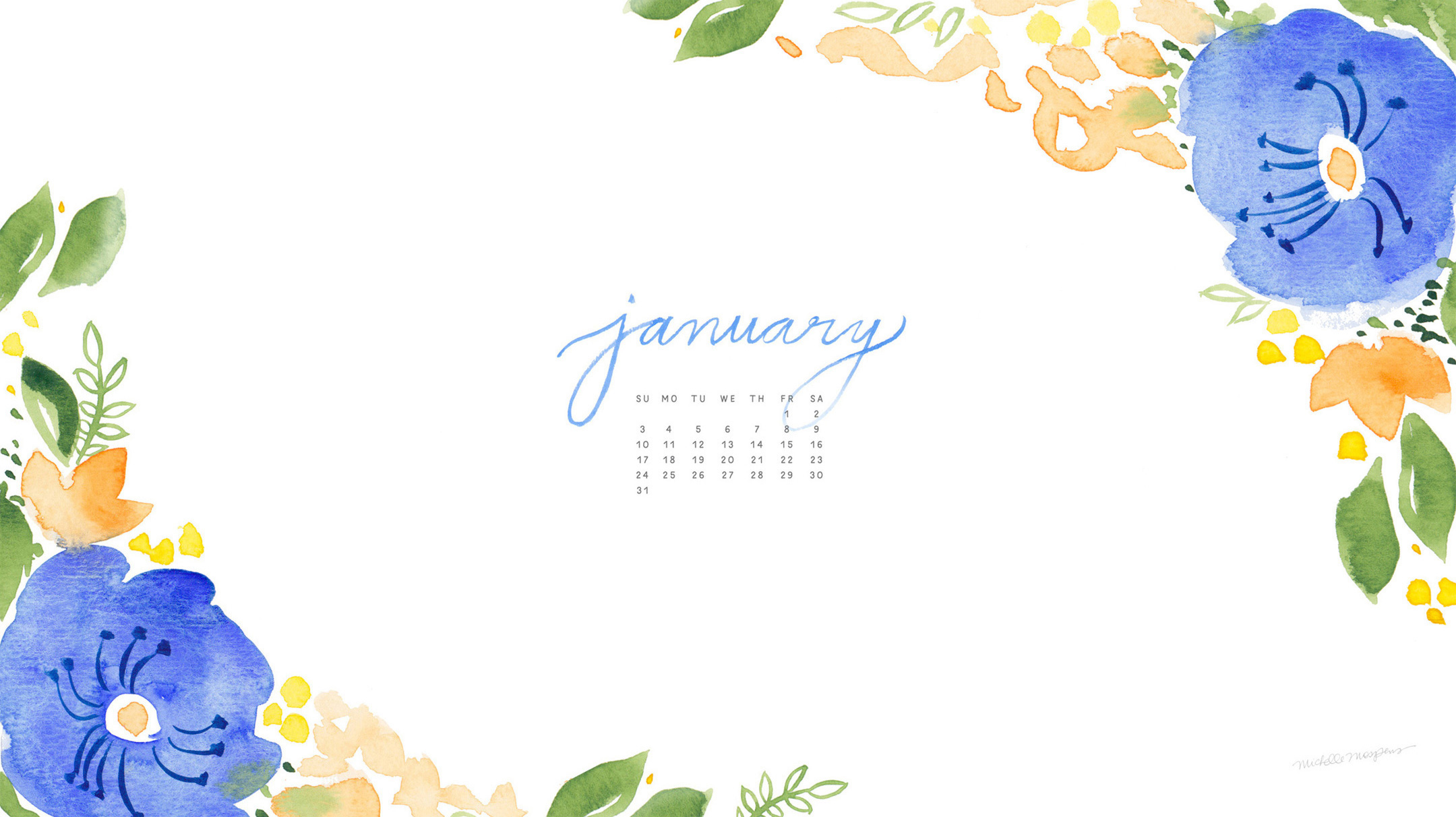 2160x1212 January Watercolor Calendar Desktop Download Custom Watercolor