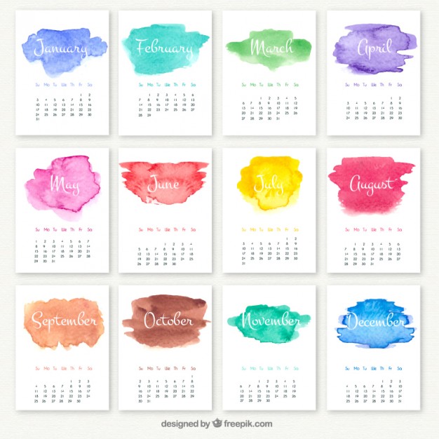 626x626 Yearly Calendar With Watercolor Stains Vector Premium Download
