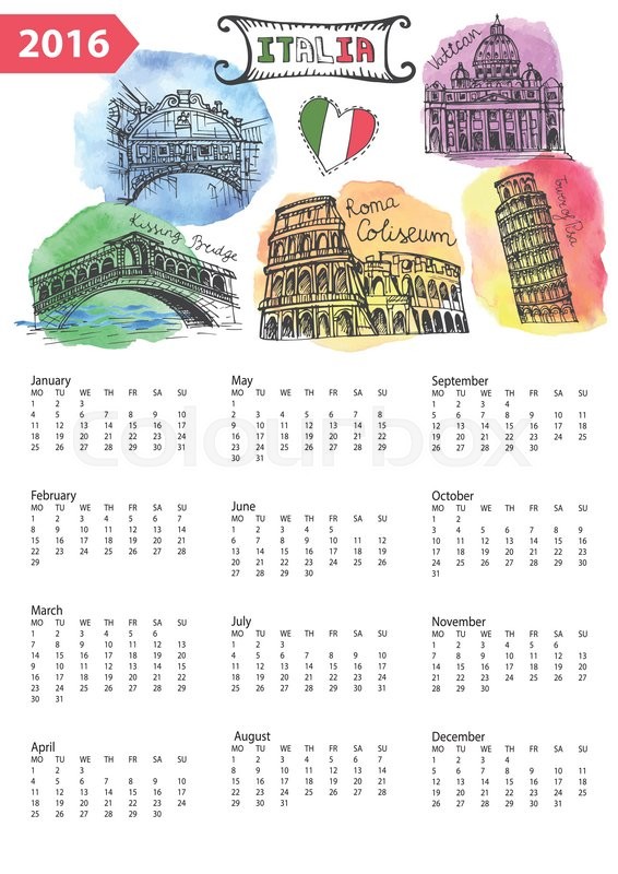 566x800 Calendar 2016 New Year.italy Famous Landmarks Panorama ,skyline