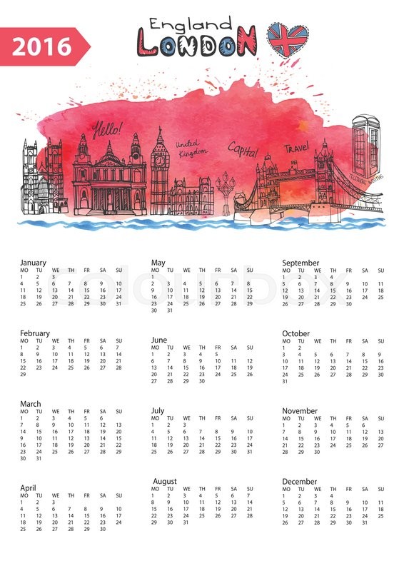 566x800 Calendar 2016 New Year.london Famous Landmarks Panorama ,skyline