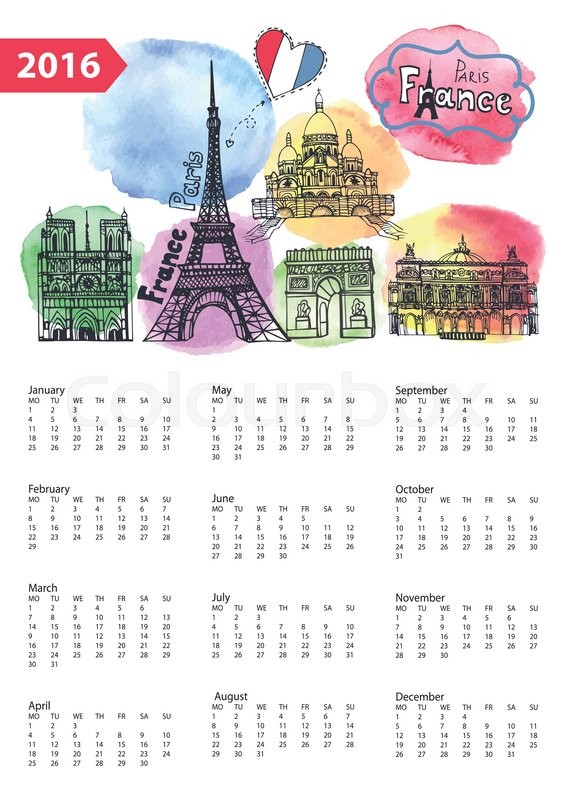 566x800 Calendar 2016 New Year.paris Famous Landmarks Panorama ,skyline