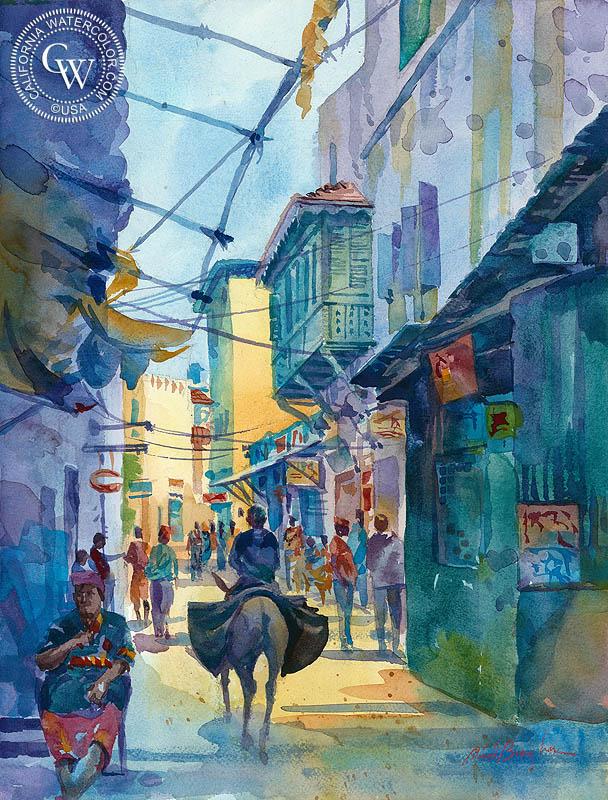 608x800 Street On Lamu Island, Kenya, A Watercolor Painting By Sid Bingham
