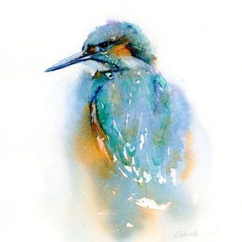 354x354 Bird Watercolor Abstract Art Print, Kingfisher Painting Woodland