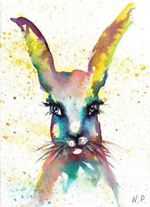 217x300 Aceo Original Rabbit Painting Abstract Animals Painting