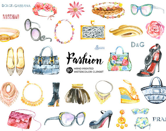 570x452 Fashion Watercolor Clipart. 30 Hand Painted Elements Shoes, Bags