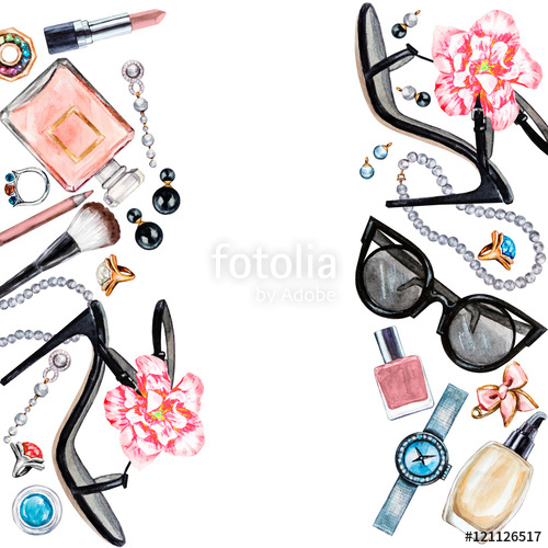 500x500 Frame Of Various Watercolor Female Accessories. Makeup Products