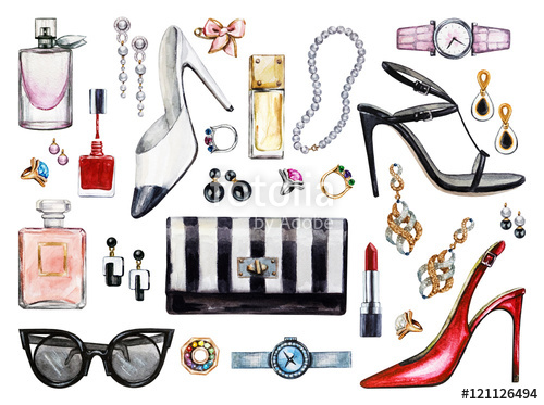 500x373 Set Of Various Watercolor Female Accessories. Makeup Products