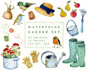 350x280 Watercolor Gardener Clipart Set, Garden Accessories, Birds