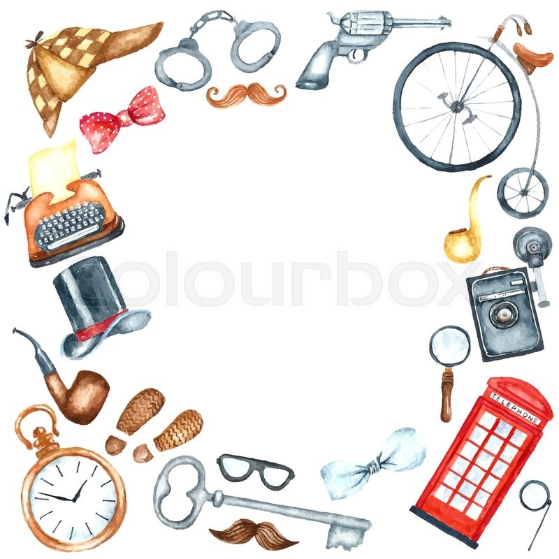 800x800 Watercolor Retro Detective Accessories Frame. Hand Draw