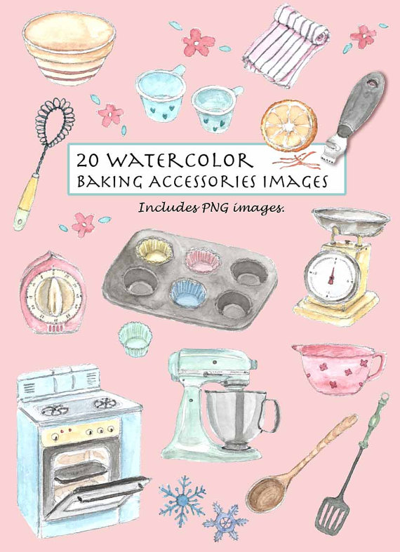 570x787 Clip Art Watercolor Vintage Baking Accessories Set. 20 Images