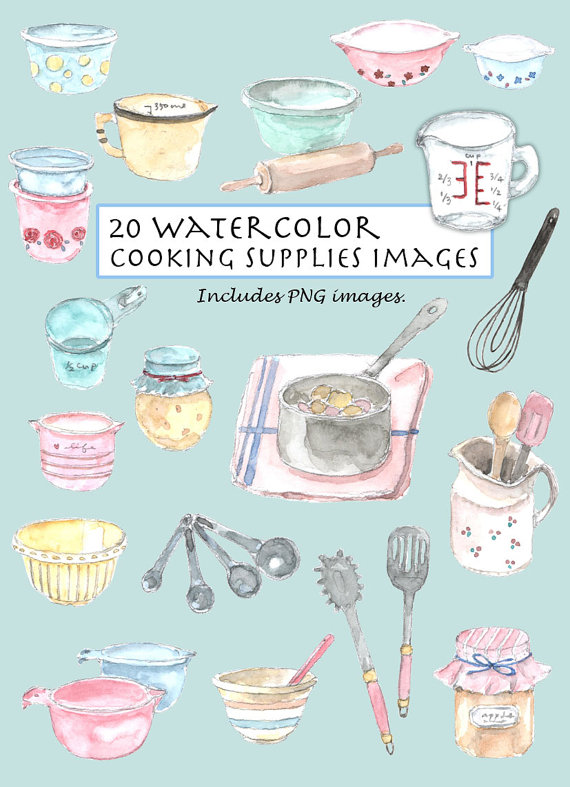 570x787 Clip Art Watercolor Vintage Cooking Supplies Set. 20 Images