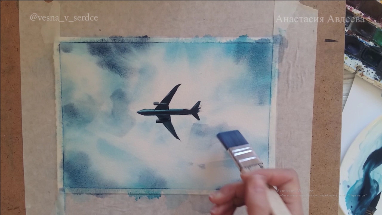 1280x720 How To Paint A Watercolor Sky And Airplane. Kak Narisovat Nebo