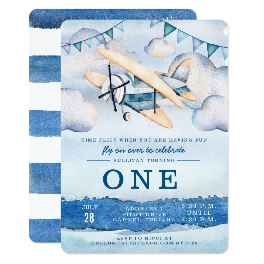 540x540 Watercolor Airplane Boy Birthday Party Invitations