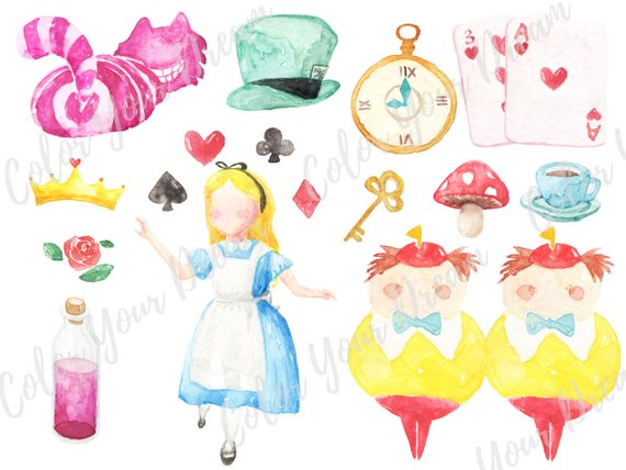 570x428 Alice In The Wonderland Watercolor Clipart Digital Disney Tea Etsy