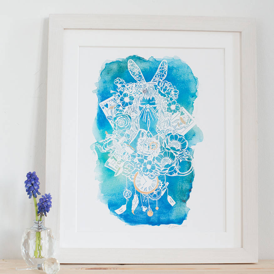 876x876 Alice In Wonderland Hand Embellished Watercolour Print By Fairy