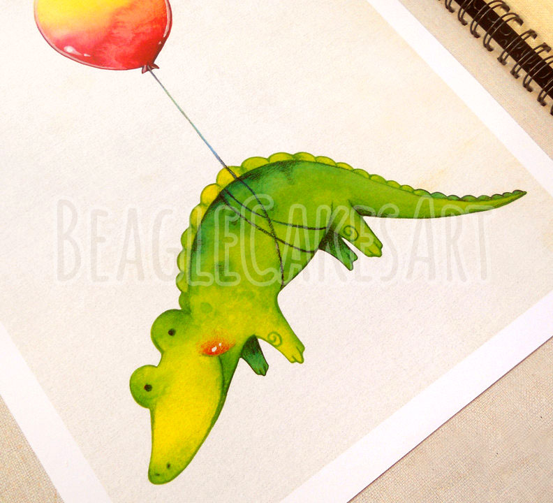 792x720 Baby Alligator With Red Balloon Giclee Illustration Print