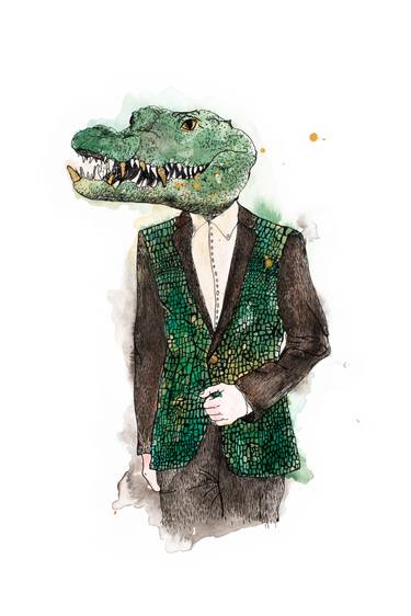 375x562 Lazarus Whimsical Anthropomorphic Alligator Watercolor Painting