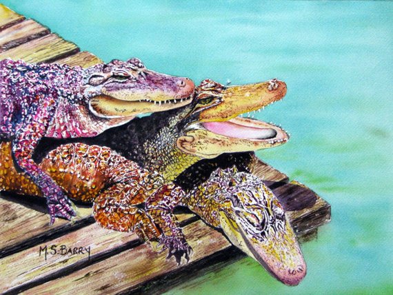 570x428 Three Alligators Pile Up Watercolor Gator Print Etsy