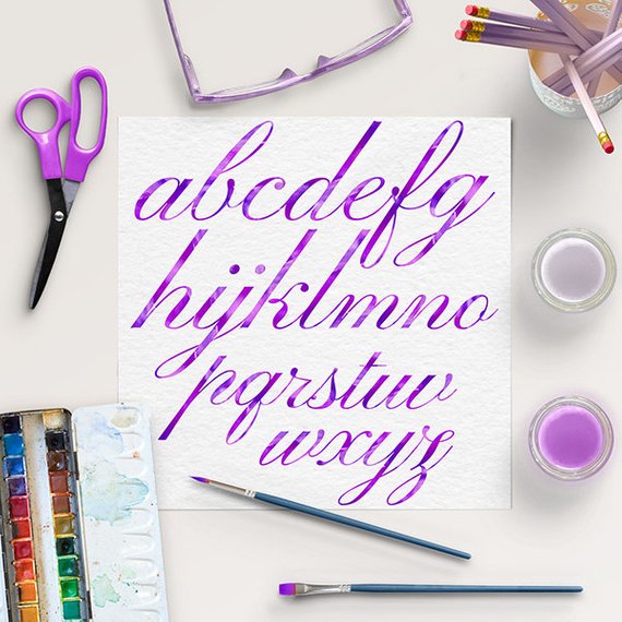 570x570 Modern Cursive, Watercolor Alphabet Clipart, Violet Watercolor