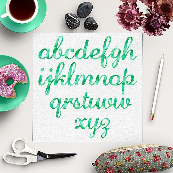 570x570 Watercolor Alphabet Clipart, Green Font, Watercolour Texture