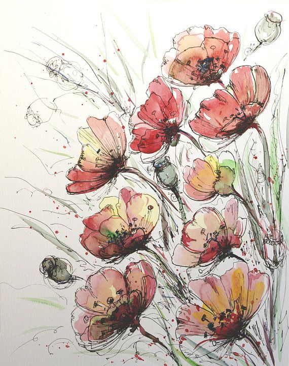 570x720 Elegant Poppies Original Floral Painting Watercolor And Ink