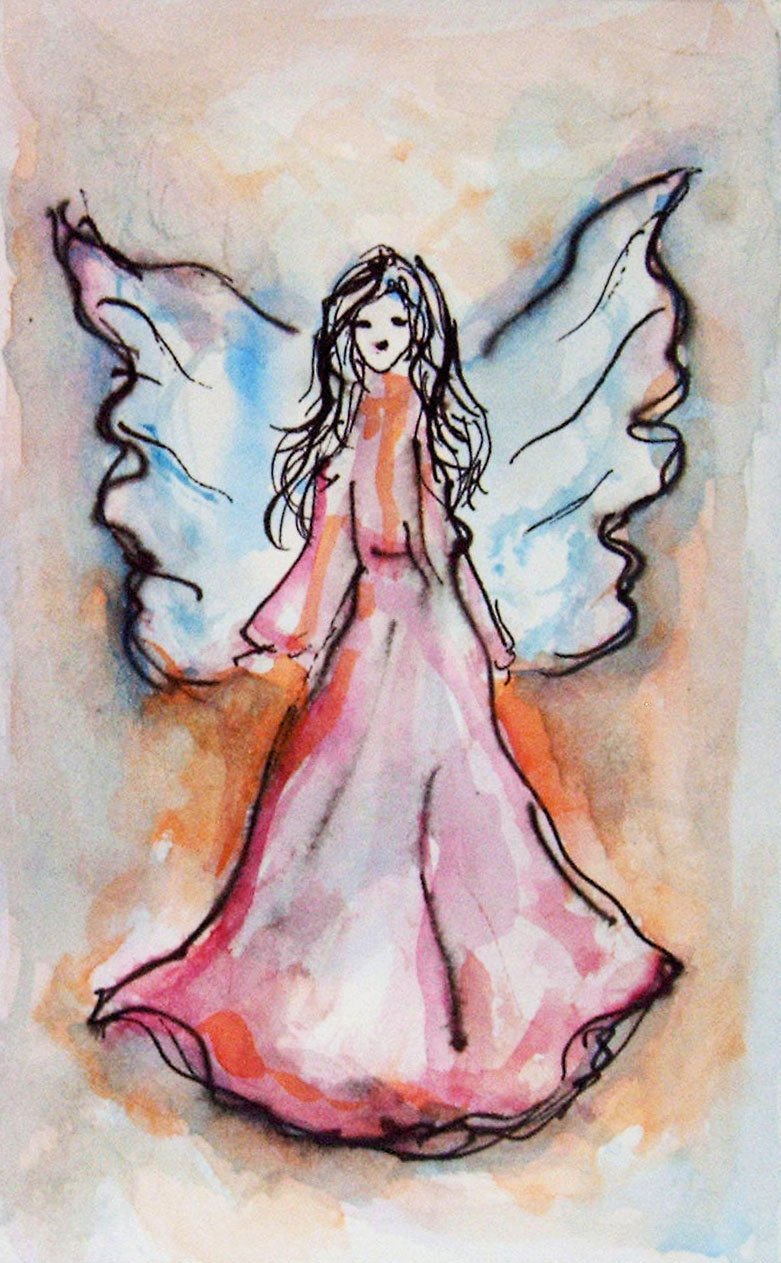 781x1263 Blue Orange Pink Original Watercolor Angel Painting, Guardian