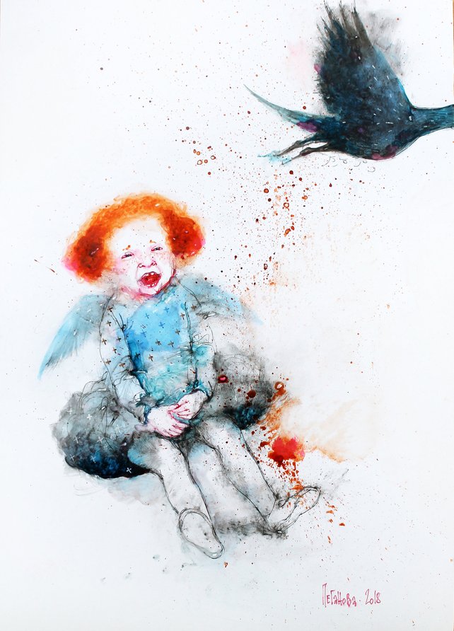 642x892 Original Watercolor Painting Redhead Angel With Black Bird Etsy