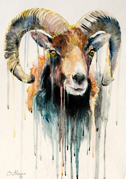 424x600 Original Watercolour Painting Ram, Goat, Animal, Illustration