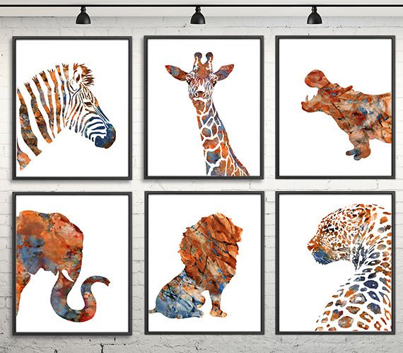 570x499 Watercolor Animals Print African Animal Art Print Jungle Etsy