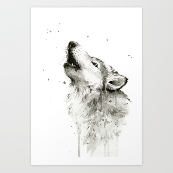 700x700 Wolf Howling Watercolor Animals Painting Black And White Art Print