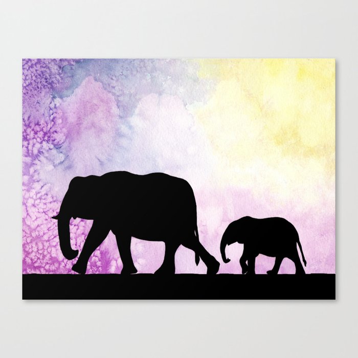 700x700 Mother And Baby Elephants Silhouettes Over Purple And Yellow