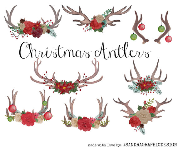 570x475 Christmas Antlers Clip Art, Watercolor Clip Art, Watercolor