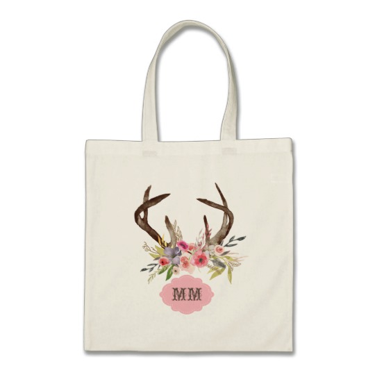 540x540 Watercolor Antlers Flowers Custom Monogram Tote Bag