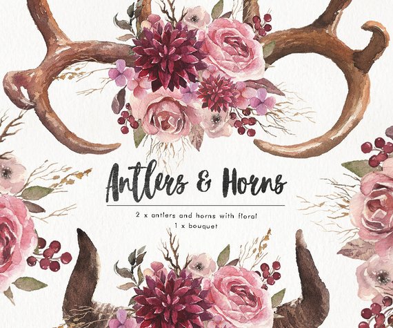 570x475 Watercolor Antlers Amp Horns With Flower Bouquet. Wedding Clip Etsy