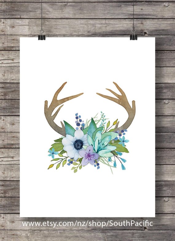 570x784 Watercolor Antlers Flowers Print Printable Whitetail Deer Etsy