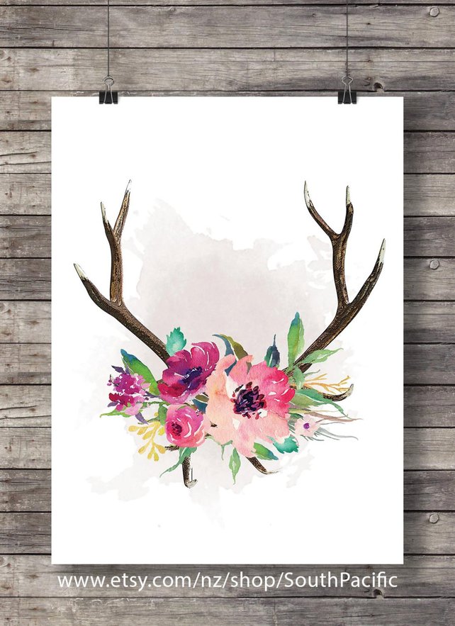 642x883 Watercolor Antlers Flowers Print Printable Art Art Print Deer Etsy