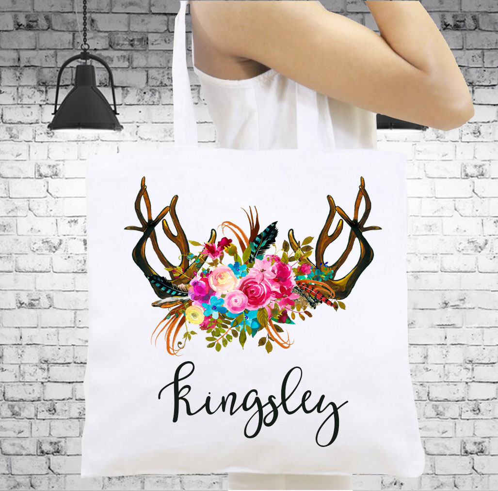 1027x1014 Watercolor Flowers Amp Antlers Personalized Tote Book Bag