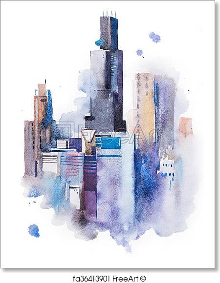 450x580 Free Art Print Of Watercolor Drawing Cityscape Big City Downtown