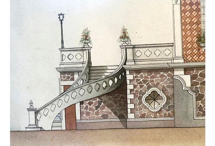 700x476 Original 19c Watercolor Architectural Drawing Omero Home
